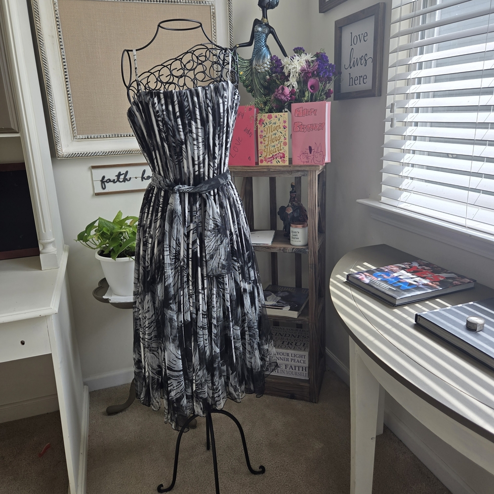 JS Collections Black & White Printed Strapless Midi Dress with Tie Waist